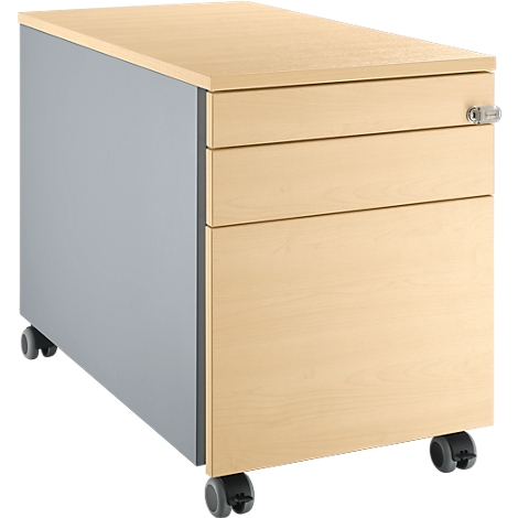 Mobiler, hellbrauner Rollcontainer mit drei Schubladen, auf Rollen und einem grauen Korpus.