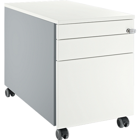 Weißes, rollbares Büro-Sideboard mit drei Schubladen und Schloss.