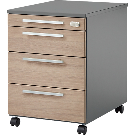 Grauer, rollbarer Aktenschrank mit Holzfronten und Metallgriffen.