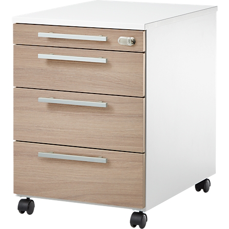 Rollcontainer mit Holzfront, drei Schubladen, Rollen. Oben weiss, Seiten weiss, Schubladen in Holzoptik.