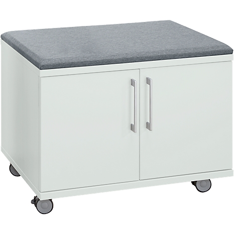 White stool with two doors, grey seat and castors.