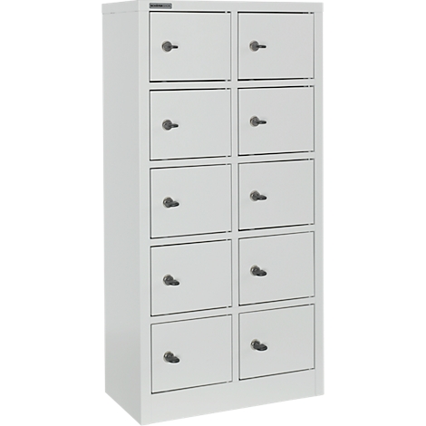 White locker with ten compartments, each with a knob. A company logo is at the top left.