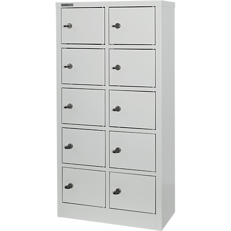 White locker with 10 compartments and dark handles, against a white background.
