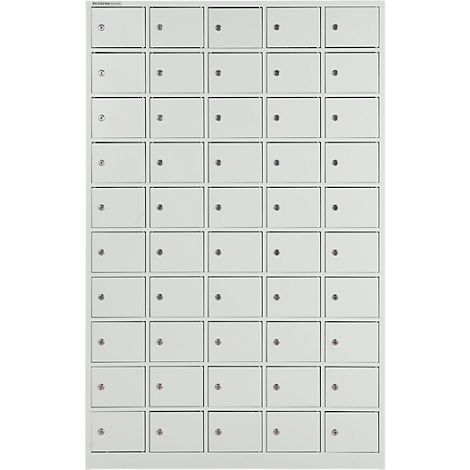 Cabinet with many small, locked compartments. Numbers 1 and 2 can be seen in the top left corner.