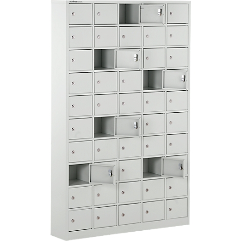 Grey cabinet with many small compartments, some doors are open.