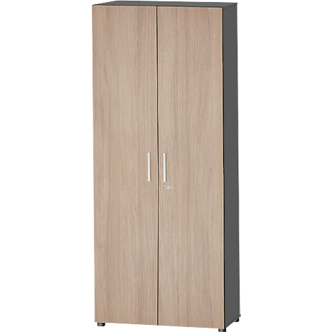 Schrank mit Holzmaserung, zwei Türen, silberne Griffe.