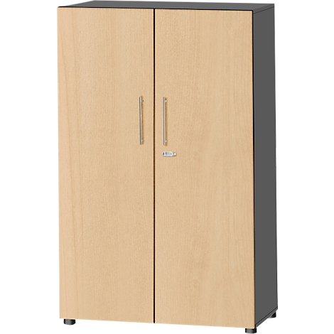 Hoher zweitüriger Büroschrank mit heller Holzmaserung und schwarzem Korpus.