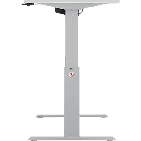 Grauer, höhenverstellbarer Schreibtisch. Rechteckige Tischplatte, darunter ein Hubsystem mit einem Warnhinweis. Das Gestell steht auf zwei Füßen.