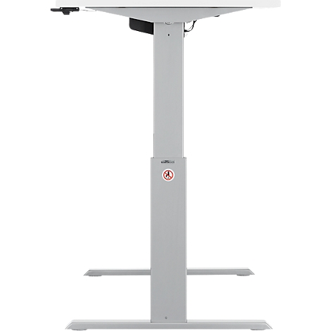 Hellgrauer, höhenverstellbarer Schreibtisch. Der Tisch hat eine weisse Platte und ein graues Gestell mit einem roten Warnhinweis.