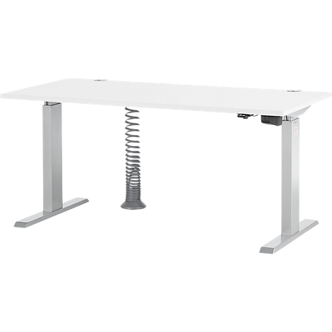 Weißer, höhenverstellbarer Schreibtisch mit grauen Beinen und einem spiralförmigen Kabelmanagement.