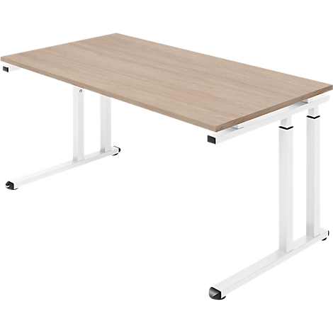 Hellbrauner Schreibtisch mit weißen, höhenverstellbaren Beinen. Die Tischplatte hat eine Holzmaserung.