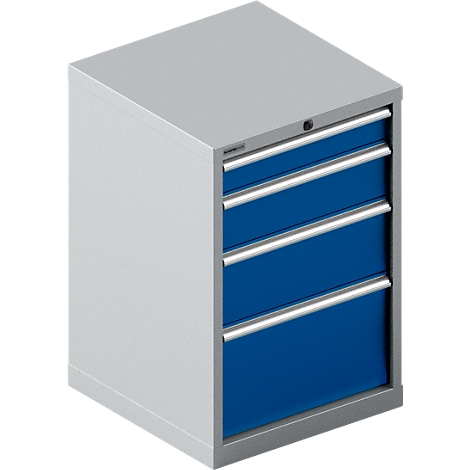 Ein Schrank mit vier Schubladen in Blau. Die Schubladen haben silberne Griffe. Der Schrank selbst ist grau.