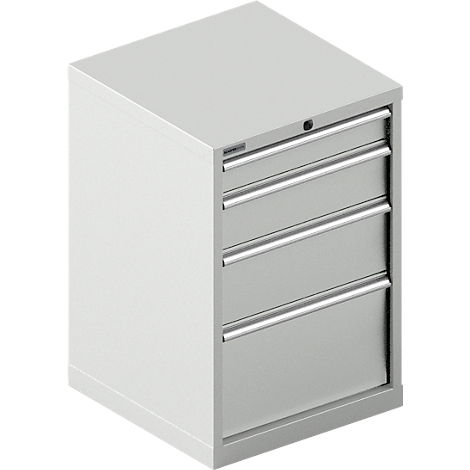 Grauer Metallschrank mit vier Schubladen und silbernen Griffen. Der Schrank steht vor neutralem Hintergrund.
