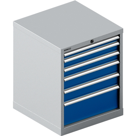 Werkzeugschrank in Grau mit blauen Schubladen und silbernen Griffen.