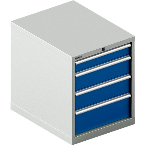 Schrank mit vier Schubladen in Blau. Grauer Korpus, silberne Griffe.