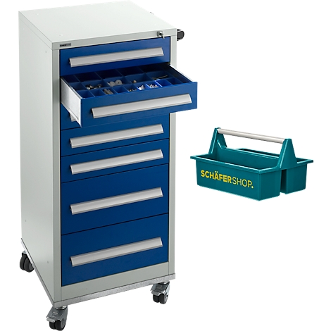Blau-weißer Werkzeugwagen mit geöffneter Schublade, daneben eine grüne Werkzeugkiste mit silbernem Griff.