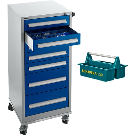 Blau-silberner Werkzeugschrank mit geöffneter Schublade und Werkzeugkasten. Aufschrift: SCHÄFERSHOP.