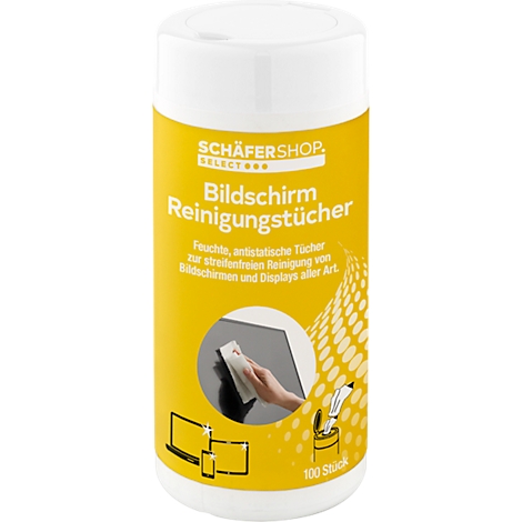 Screen cleaning wipes. Yellow can with product description and demonstration of use.