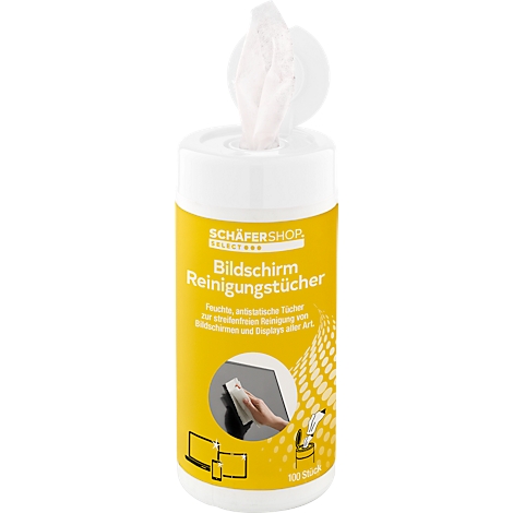 A yellow can of screen cleaning wipes with a white lid from which wipes protrude. The name and an illustration of the use are on the can.