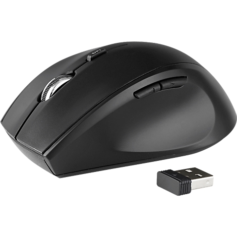 Souris d'ordinateur noire avec molette de défilement, bouton DPI et deux boutons latéraux. Un récepteur USB est à côté.