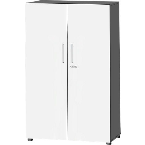 White cabinet with two doors. Gray top and sides. Silver handles.