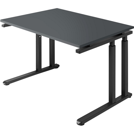 A grey, height-adjustable desk, photographed slightly from above. The legs are black.