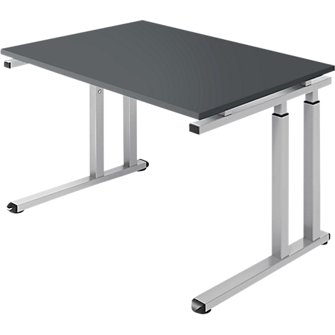Desk with gray tabletop and silver legs. Black rubber on the feet.