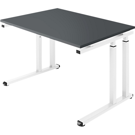 Height-adjustable desk. Dark gray table top, white legs.