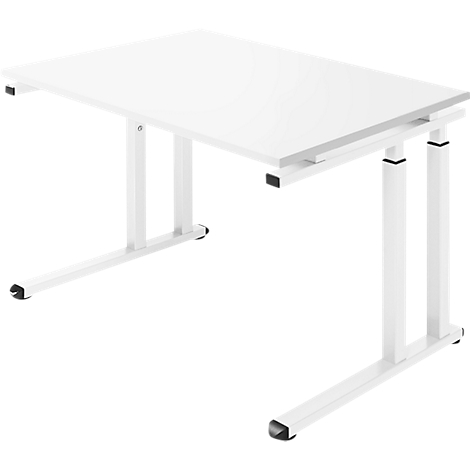 A white desk with height-adjustable legs stands against a white background. Black elements on the legs.