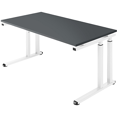 A gray desk with white legs against a white background. The tabletop is rectangular.