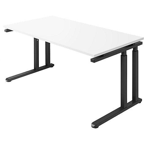 White desk with black frame. The table top is rectangular, the legs are angular.