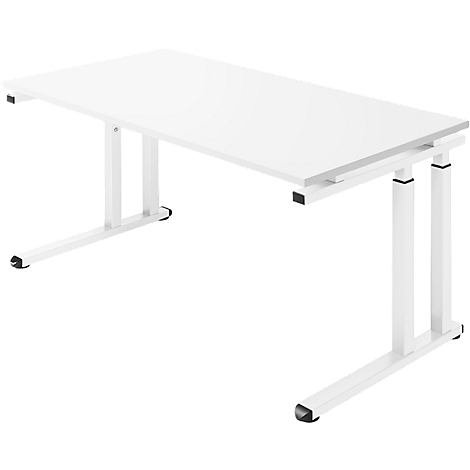White desk with adjustable legs against white background. It has a rectangular tabletop and a metal frame.