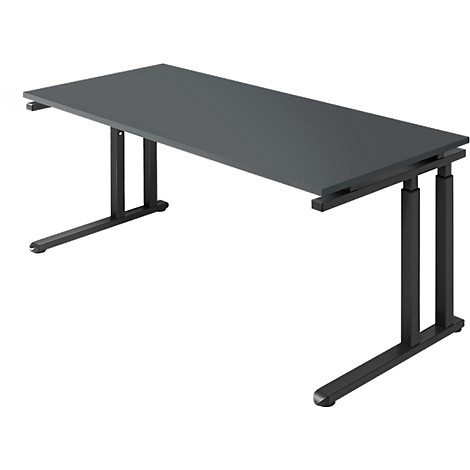 Gray, rectangular desk with black height-adjustable legs. The tabletop is slightly tilted.