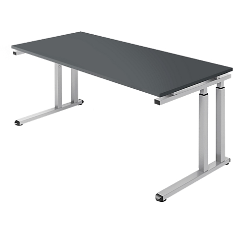 A gray desk with metal legs. The tabletop is rectangular and the legs are height-adjustable.
