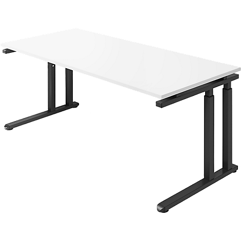 Desk with white tabletop and black metal legs that are height-adjustable.