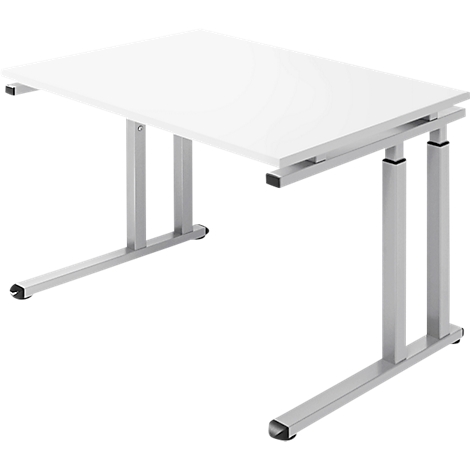 A white desk against a neutral background. It has four silver, adjustable legs.