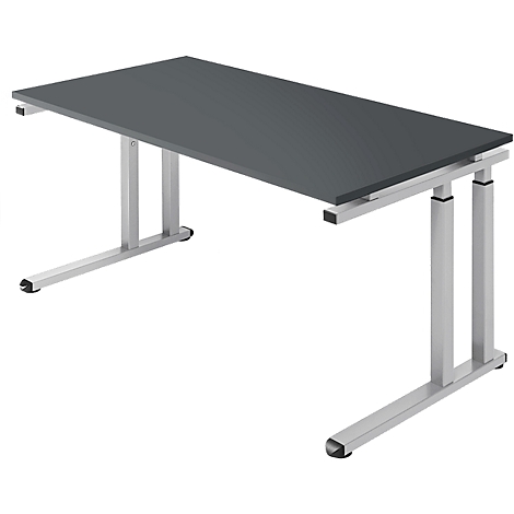 Grey desk with silver legs on a white background.