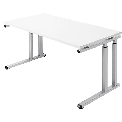 White desk with metal legs on white background.