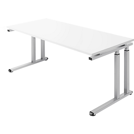 A white desk with silver legs stands against a white background.
