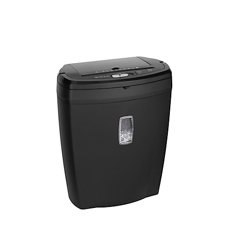 A black paper shredder against a white background. Visible are the feed opening, control elements and a viewing window for the fill level.