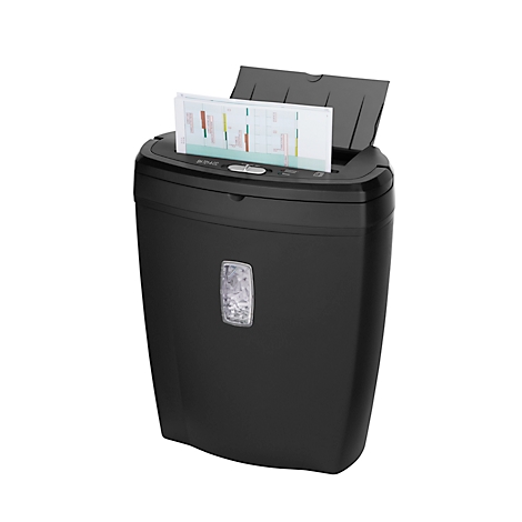 Black paper shredder with paper feed. Top flap open, sheet with colorful diagrams protruding.