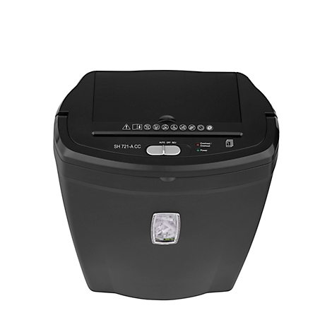 Top view of a black paper shredder with controls and labeling.