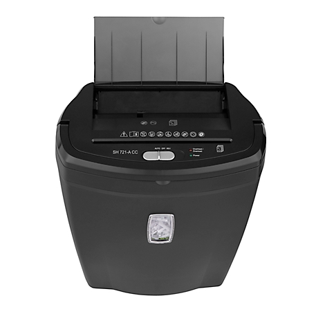 Black paper shredder with open lid, control panel with symbols. A logo in the lower area.