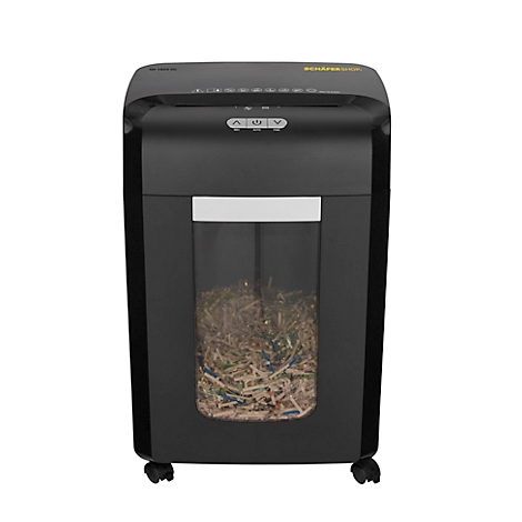 Black paper shredder with a transparent window filled with shredded paper, standing on wheels.