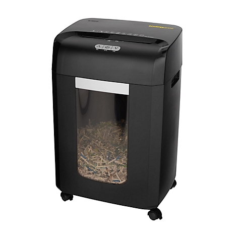 Black paper shredder with paper shreds in a viewing window, on wheels.