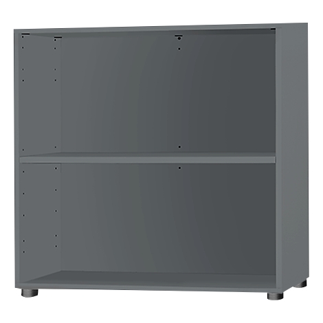 Grey bookshelf with two compartments and silver feet.