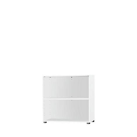A white cabinet with two compartments stands against a white background.