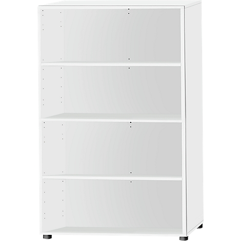 White shelf with four compartments, no content. Black feet.