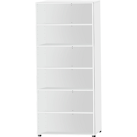 A white bookshelf with six shelves. The shelf stands on small black feet.
