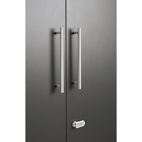 Dark grey cabinet doors with long, silver handles and a lock.